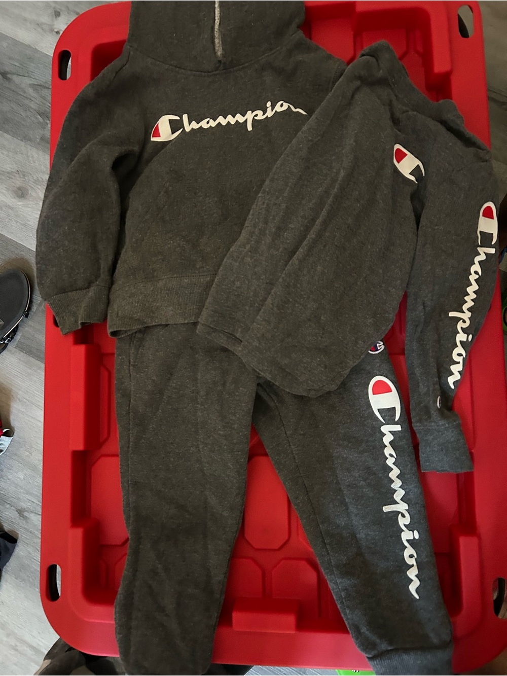 Champion Kids Charcoal Gray Logo Hoodie Long Sleeve Tshirt & Joggers Set